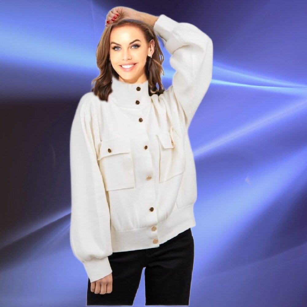 LOVE FOREVER Stand Collar Metal Buttons Ivory Soft Knit Cardigan-Jacket Size XL